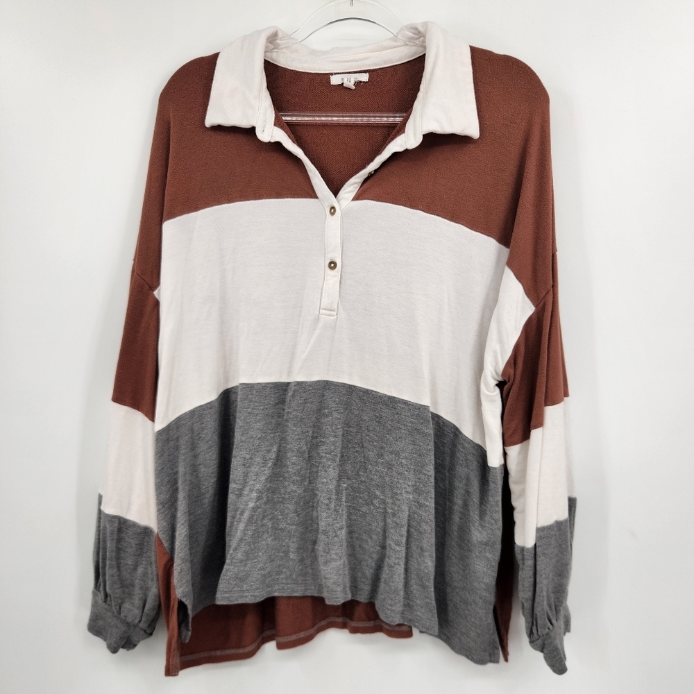 Maurices Rugby Colorblock Henley Shirt Womens Size 2X Long Sleeve Brown Cream